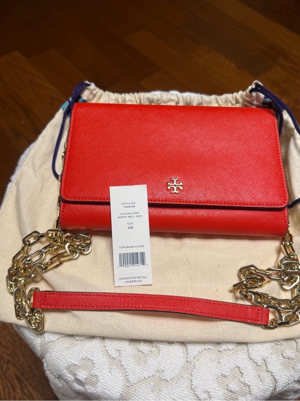 Tory Burch Poppy Red Saffiano Leather Chain Crossbody with Gold Hardware